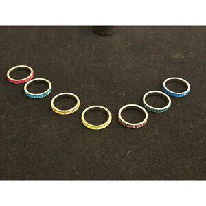 Set of 7 Colorful 316L Stainless Steel Crystal Eternity Rings – Size 8